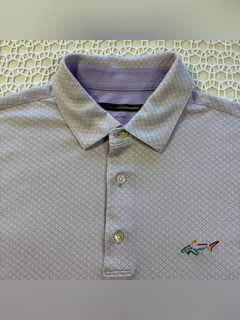Greg Norman Men's L Lavander/White Geometric Polo Shirt Short Sleeve with Logo